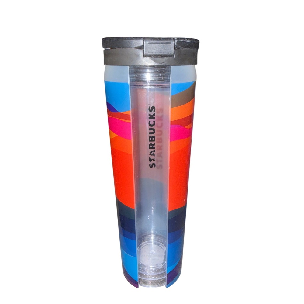 Starbucks 2014 Acrylic Travel Tumbler 16oz MultiColor Abstract Wave Flip Lid NWT